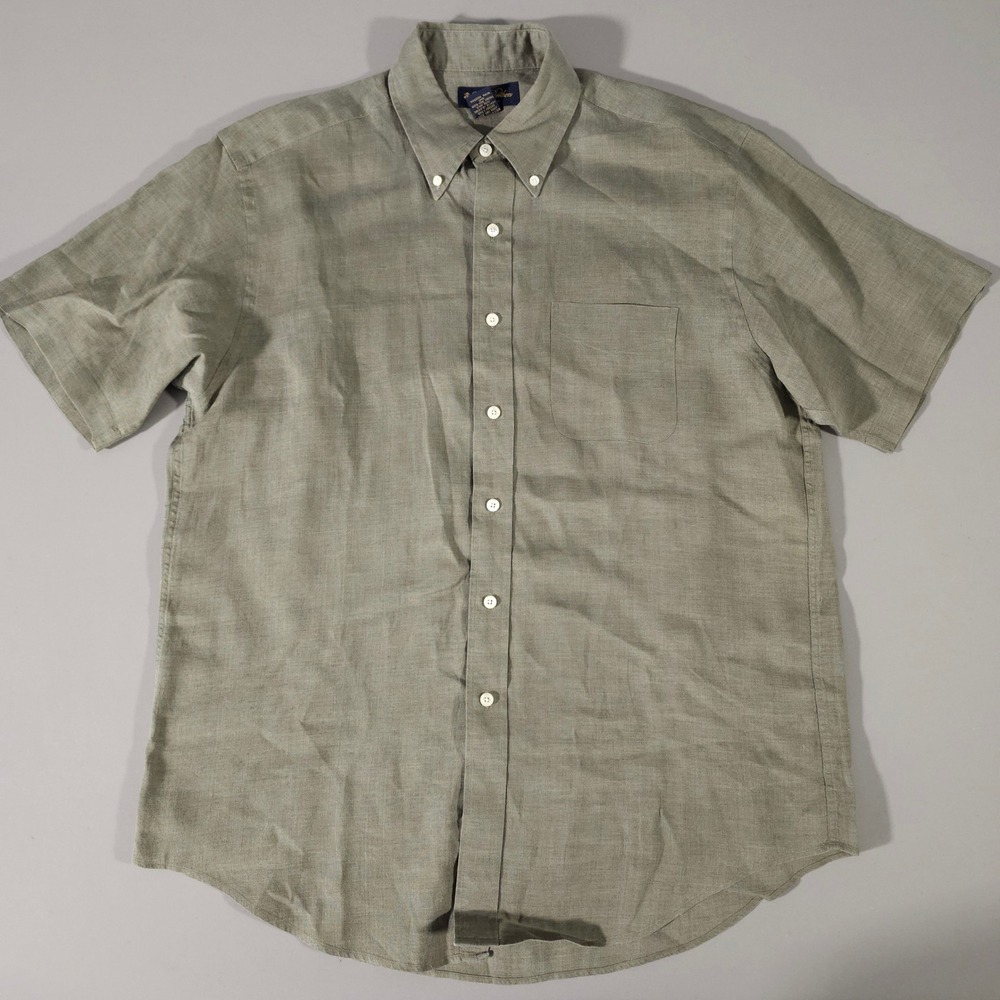 Brooks Brothers Button Down Mens L Green Irish Linen Short Sleeve Shirt
